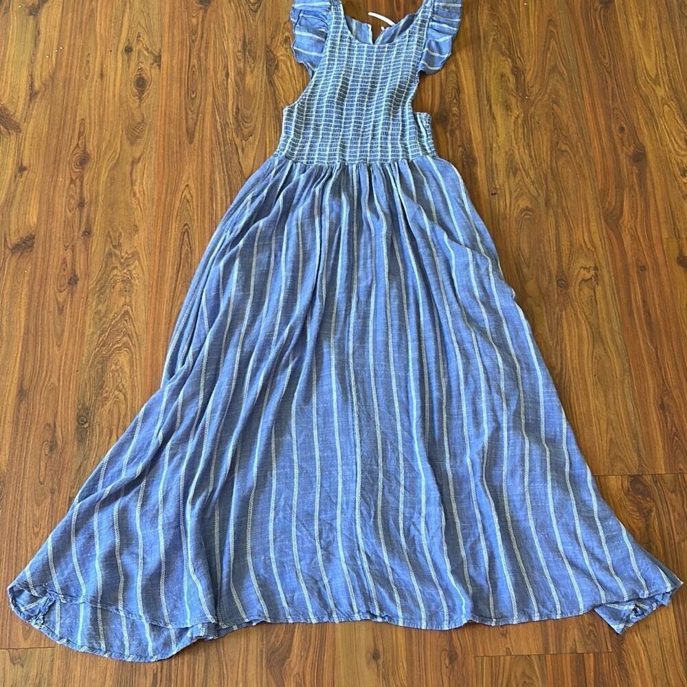 Free People denim chambray striped blue maxi dress ruched top. Xs